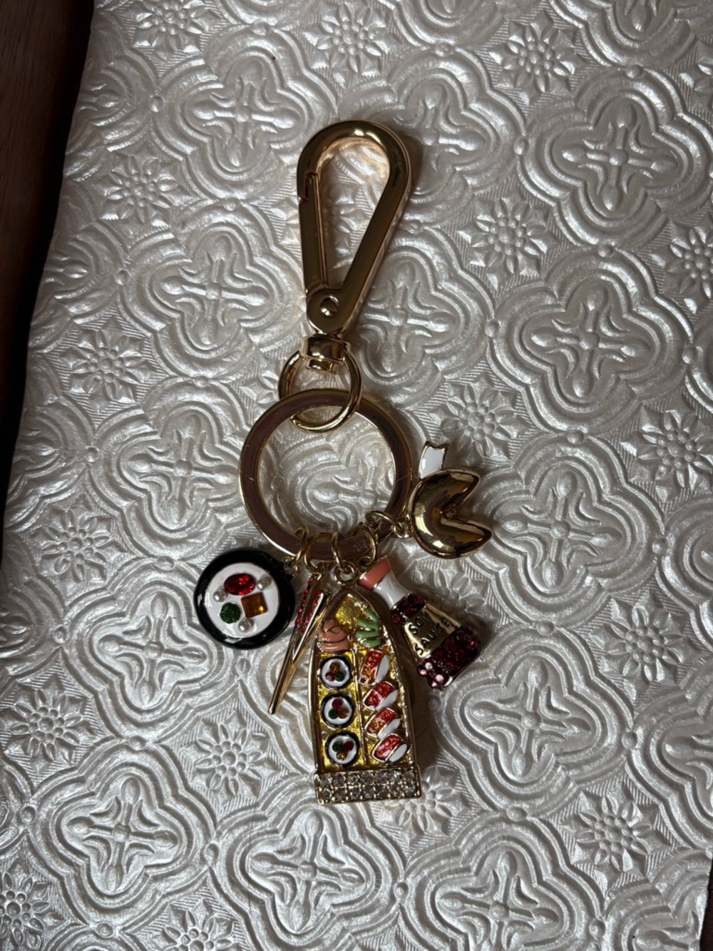 Gold-tone Sushi Charm Keychain with Sushi Roll and Chopsticks